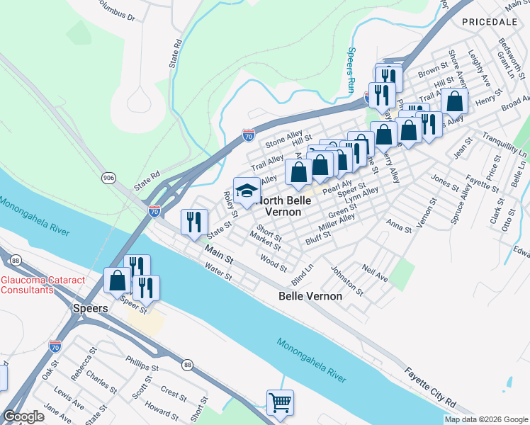 map of restaurants, bars, coffee shops, grocery stores, and more near 317 Broad Avenue in Belle Vernon