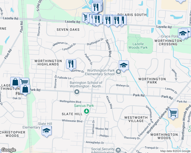 map of restaurants, bars, coffee shops, grocery stores, and more near 900 Suntree Drive in Westerville