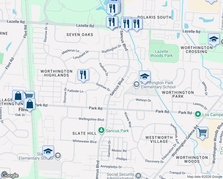 map of restaurants, bars, coffee shops, grocery stores, and more near 900 Suntree Drive in Westerville