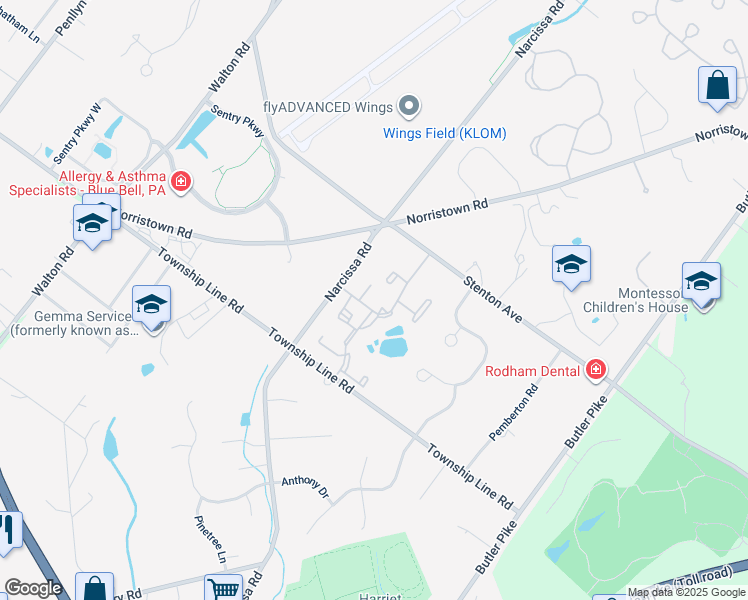 map of restaurants, bars, coffee shops, grocery stores, and more near 11 Wingate Court in Blue Bell