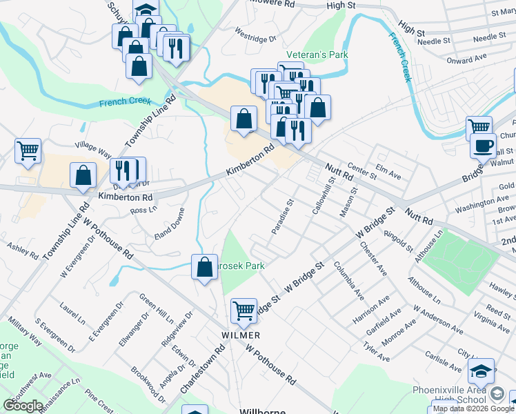 map of restaurants, bars, coffee shops, grocery stores, and more near 151 Montgomery Avenue in Phoenixville