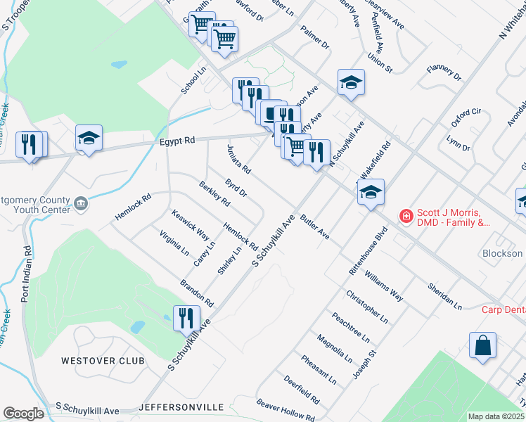 map of restaurants, bars, coffee shops, grocery stores, and more near 1930 Byrd Drive in Norristown