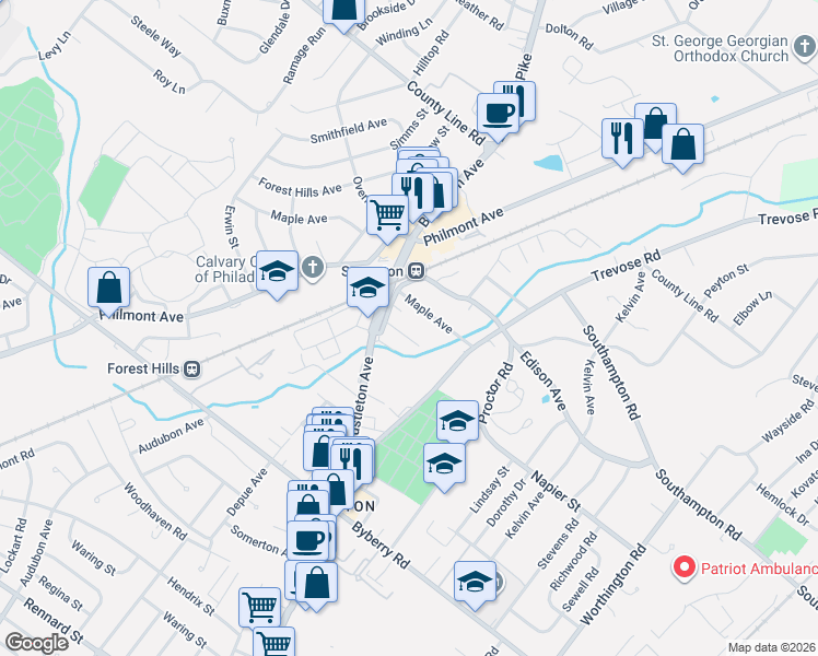 map of restaurants, bars, coffee shops, grocery stores, and more near 614 Maple Avenue in Philadelphia