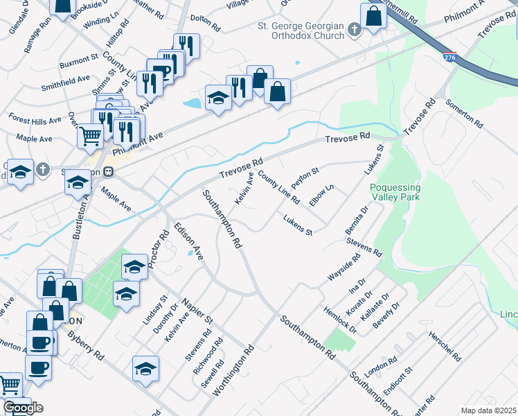 map of restaurants, bars, coffee shops, grocery stores, and more near 15035 Kelvin Avenue in Philadelphia