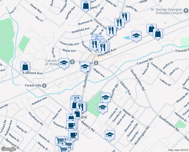 map of restaurants, bars, coffee shops, grocery stores, and more near 614 Maple Avenue in Philadelphia