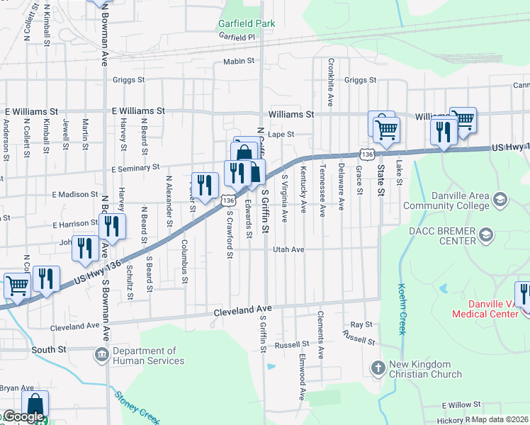 map of restaurants, bars, coffee shops, grocery stores, and more near Nevada Avenue in Danville