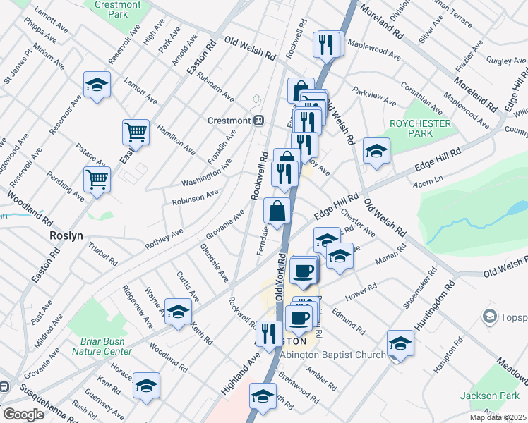 map of restaurants, bars, coffee shops, grocery stores, and more near 1599 Rockwell Road in Abington