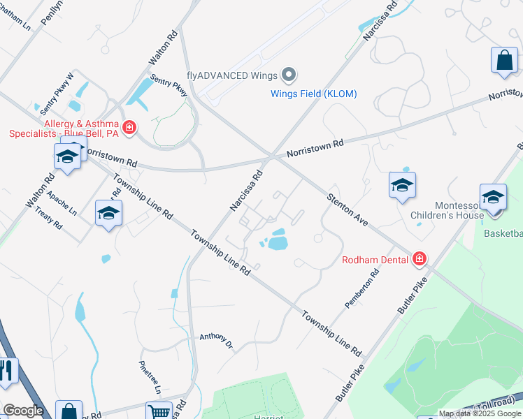 map of restaurants, bars, coffee shops, grocery stores, and more near 3 Wingate Court in Blue Bell