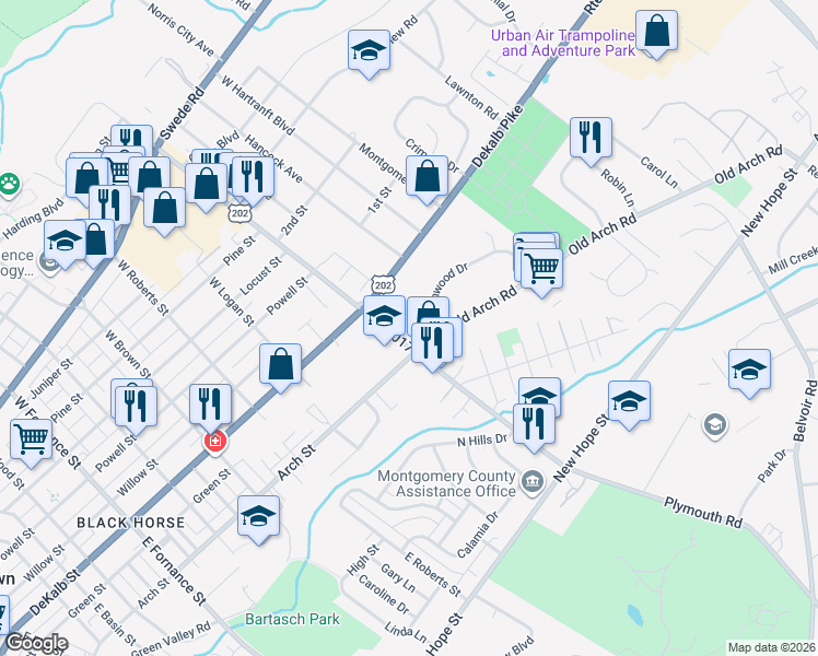 map of restaurants, bars, coffee shops, grocery stores, and more near 2005 Birchwood Drive in Norristown