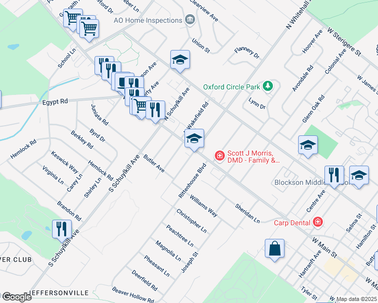 map of restaurants, bars, coffee shops, grocery stores, and more near 1803 West Main Street in Norristown