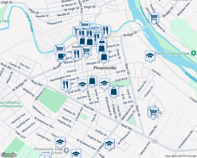 map of restaurants, bars, coffee shops, grocery stores, and more near 230 1st Ave in Phoenixville