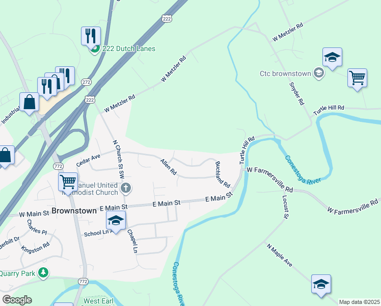map of restaurants, bars, coffee shops, grocery stores, and more near 4 Goldin Circle in Ephrata