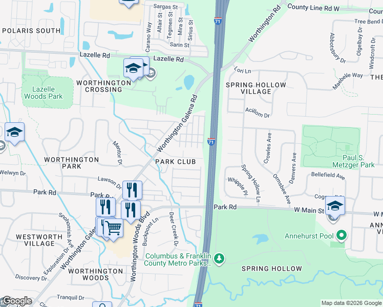 map of restaurants, bars, coffee shops, grocery stores, and more near 1663 Pierpont Drive in Westerville