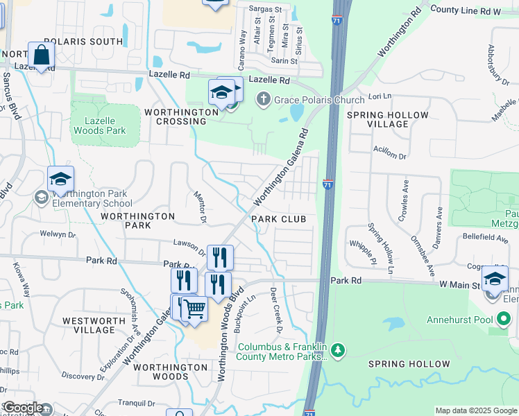 map of restaurants, bars, coffee shops, grocery stores, and more near 1560 Park Place Drive in Westerville