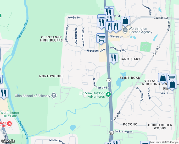 map of restaurants, bars, coffee shops, grocery stores, and more near 8205 Chinook Place in Columbus