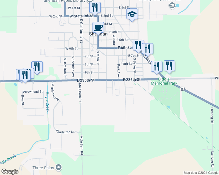 map of restaurants, bars, coffee shops, grocery stores, and more near 1004 Adams Street in Sheridan