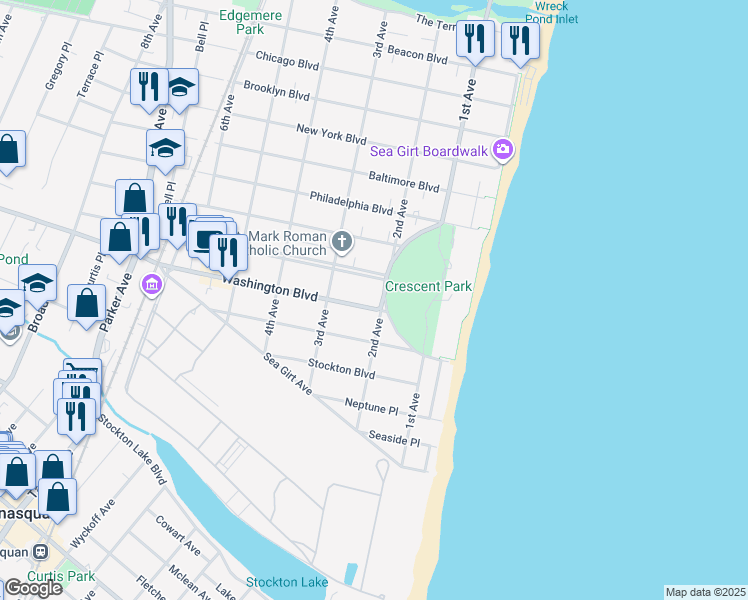 map of restaurants, bars, coffee shops, grocery stores, and more near 208 Crescent Parkway in Sea Girt