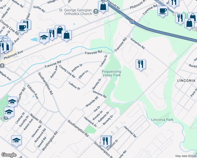 map of restaurants, bars, coffee shops, grocery stores, and more near 15220 Bernita Drive in Philadelphia