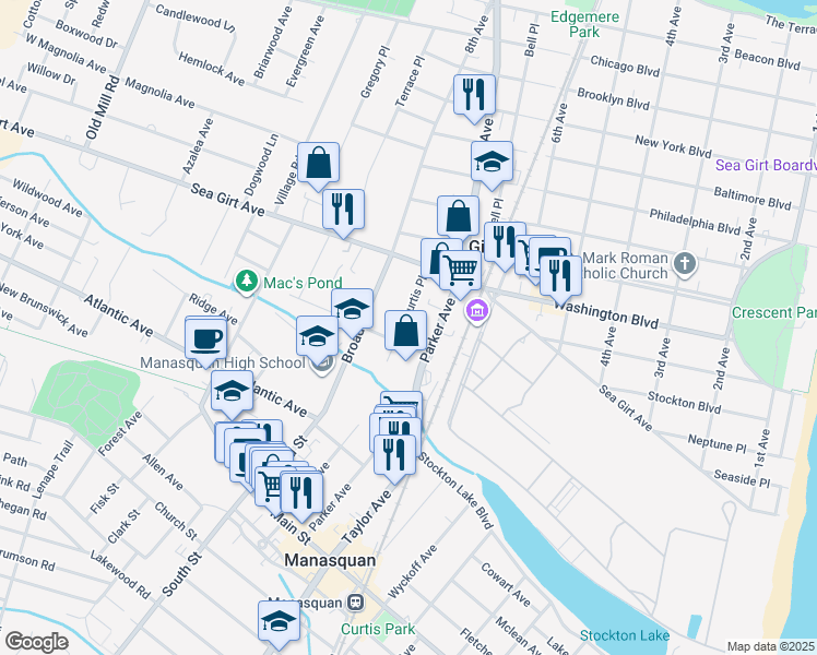 map of restaurants, bars, coffee shops, grocery stores, and more near 121 Curtis Place in Manasquan