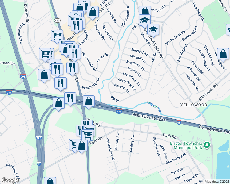 map of restaurants, bars, coffee shops, grocery stores, and more near 26 Mill Bend Road in Levittown