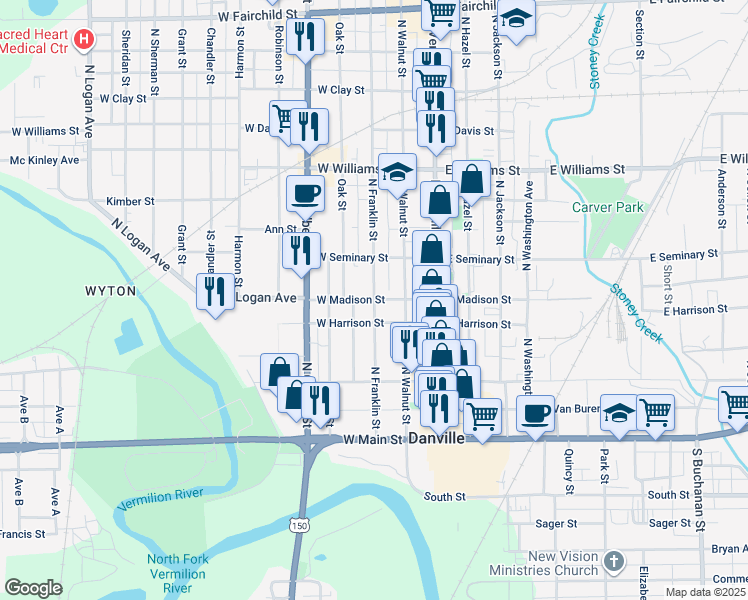 map of restaurants, bars, coffee shops, grocery stores, and more near 300 North Franklin Street in Danville