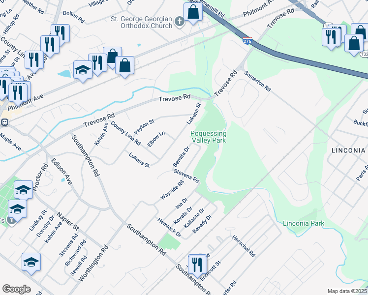 map of restaurants, bars, coffee shops, grocery stores, and more near 15220 Bernita Drive in Philadelphia