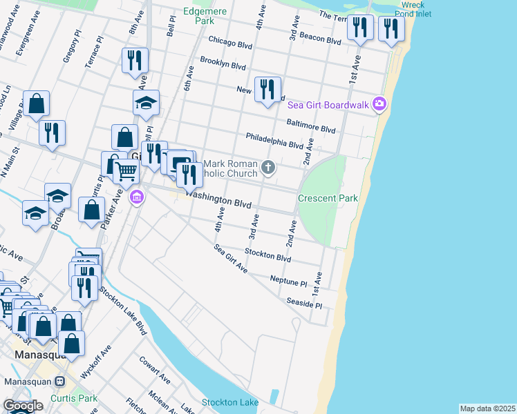 map of restaurants, bars, coffee shops, grocery stores, and more near 299 Washington Boulevard in Sea Girt