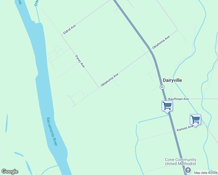 map of restaurants, bars, coffee shops, grocery stores, and more near 24365 Oklahoma Avenue in Red Bluff