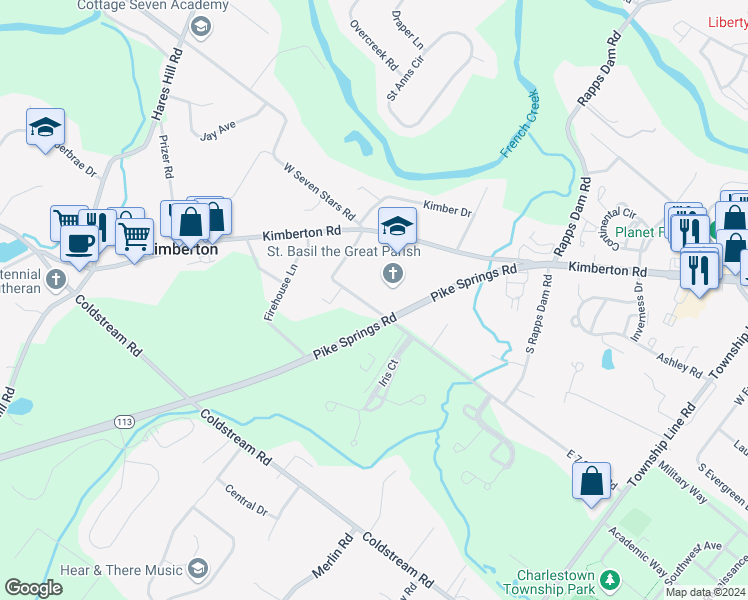 map of restaurants, bars, coffee shops, grocery stores, and more near 138 East 7 Stars Road in Phoenixville