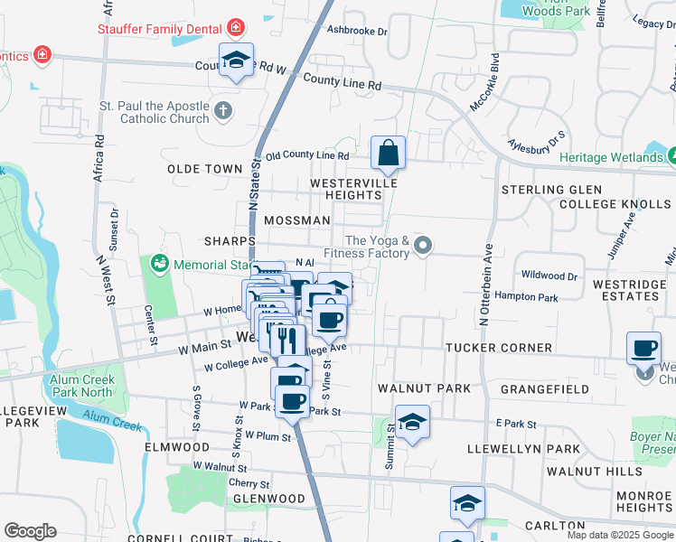 map of restaurants, bars, coffee shops, grocery stores, and more near 114 North Vine Street in Westerville