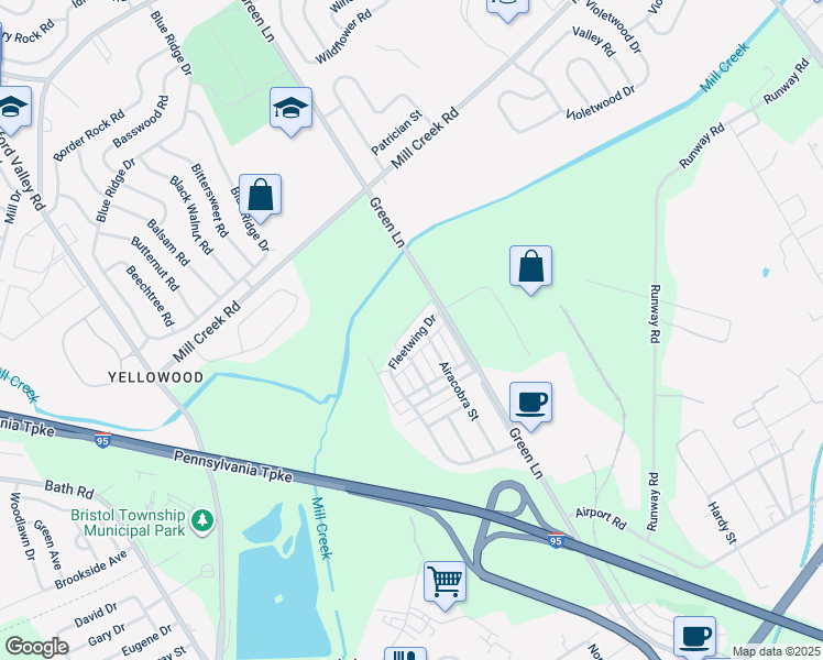 map of restaurants, bars, coffee shops, grocery stores, and more near 5735 Fleetwing Drive in Levittown