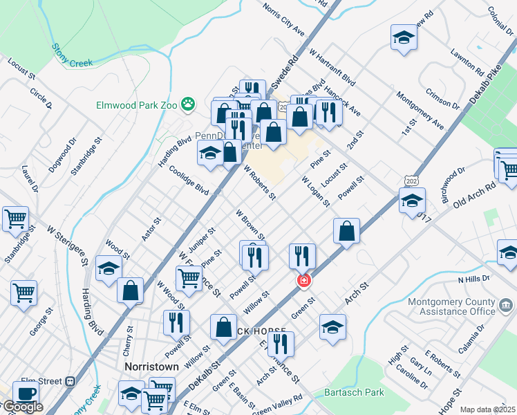 map of restaurants, bars, coffee shops, grocery stores, and more near 1621 Pine Street in Norristown