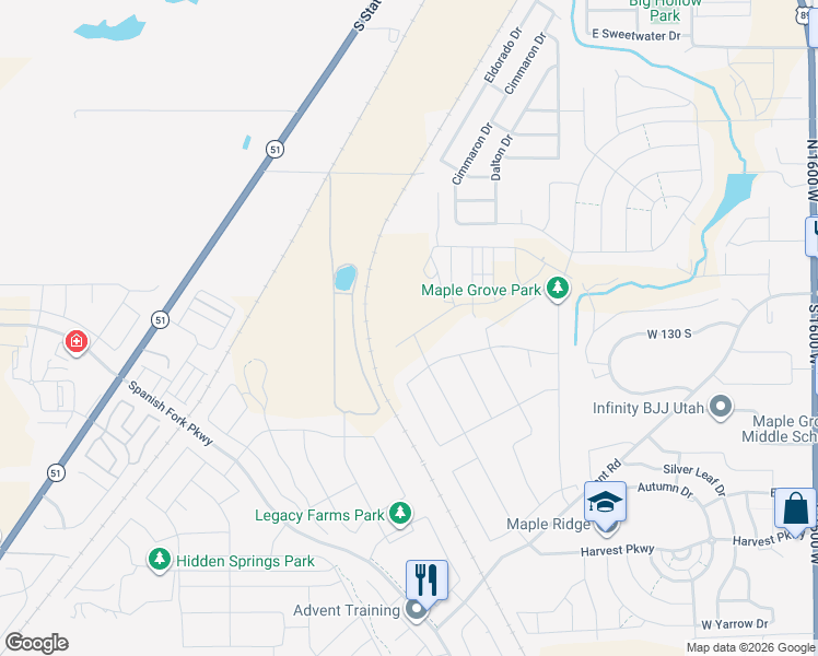 map of restaurants, bars, coffee shops, grocery stores, and more near 2648 Cimmaron Drive in Springville