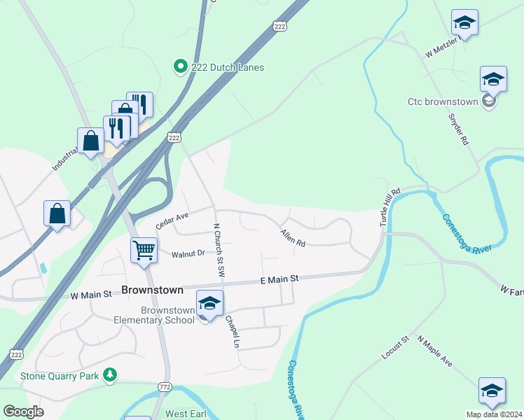 map of restaurants, bars, coffee shops, grocery stores, and more near 27 Allen Road in Ephrata