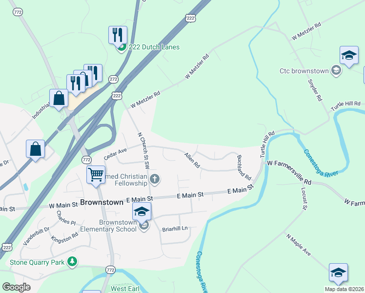map of restaurants, bars, coffee shops, grocery stores, and more near 27 Allen Road in Ephrata