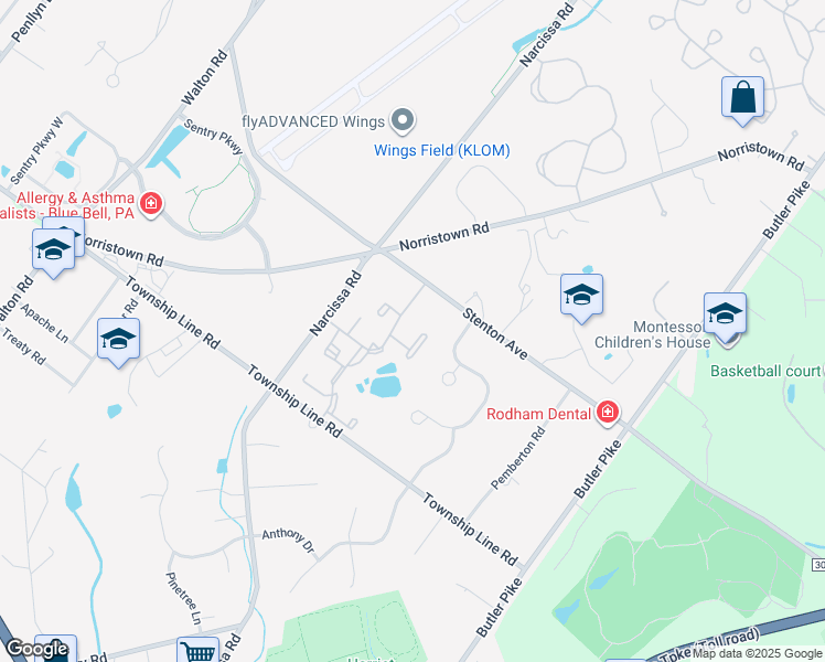 map of restaurants, bars, coffee shops, grocery stores, and more near 45 Ramsgate Court in Blue Bell