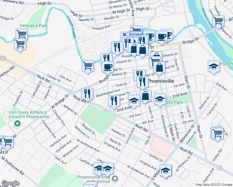map of restaurants, bars, coffee shops, grocery stores, and more near 376 Washington Avenue in Phoenixville