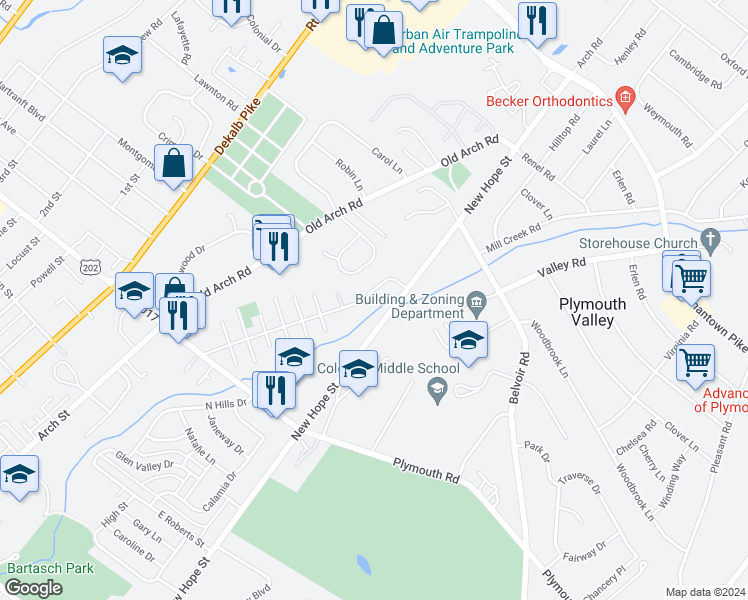 map of restaurants, bars, coffee shops, grocery stores, and more near 429 Saw Mill Court in Norristown