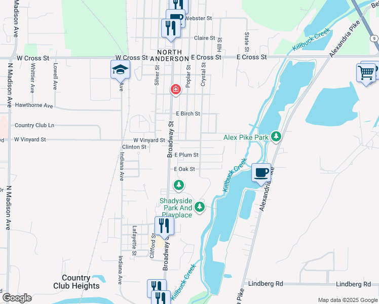 map of restaurants, bars, coffee shops, grocery stores, and more near 25 East Vinyard Street in Anderson