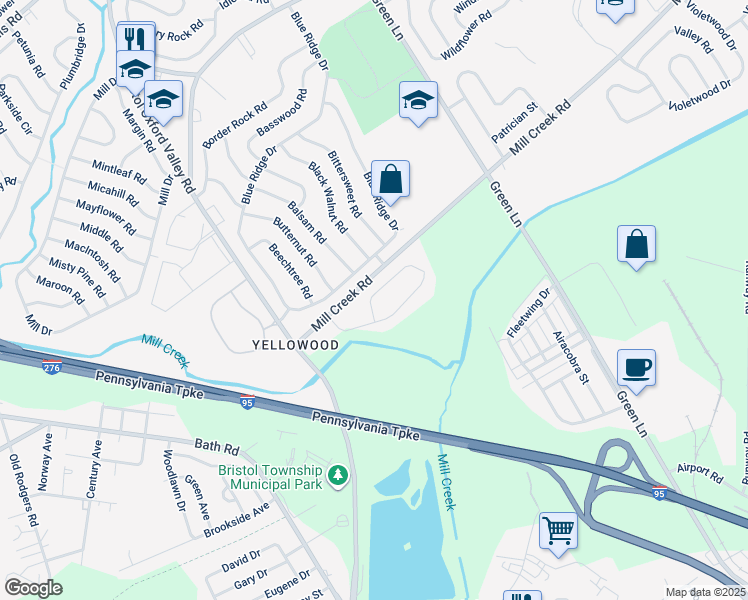 map of restaurants, bars, coffee shops, grocery stores, and more near 28 Young Birch Road in Levittown