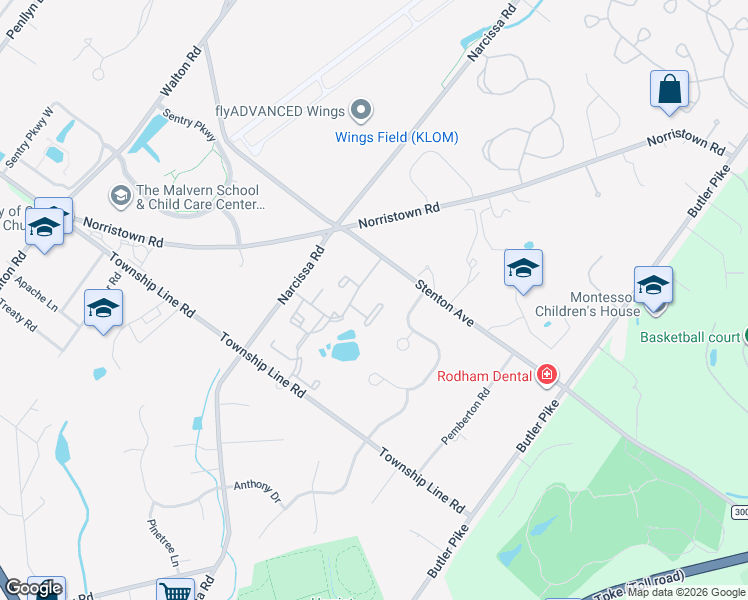 map of restaurants, bars, coffee shops, grocery stores, and more near 45 Ramsgate Court in Blue Bell