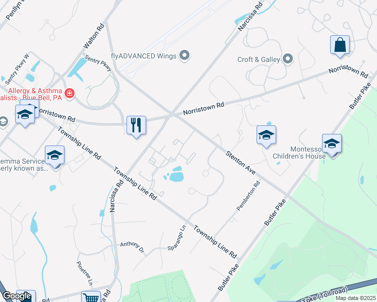 map of restaurants, bars, coffee shops, grocery stores, and more near 36 Yorktown Court in Blue Bell