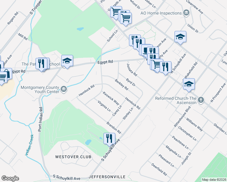 map of restaurants, bars, coffee shops, grocery stores, and more near 2015 Hemlock Road in Eagleville