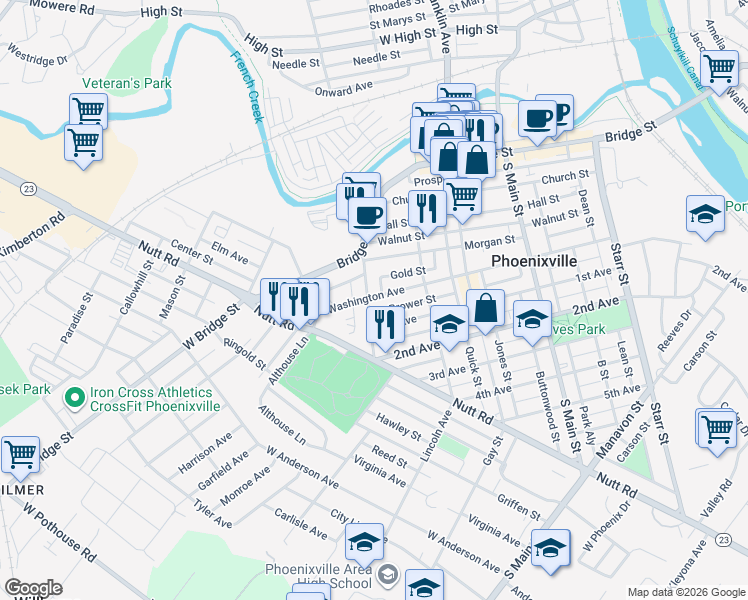 map of restaurants, bars, coffee shops, grocery stores, and more near 129 Buchanan Street in Phoenixville
