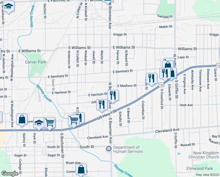 map of restaurants, bars, coffee shops, grocery stores, and more near 214-298 North Bowman Avenue in Danville