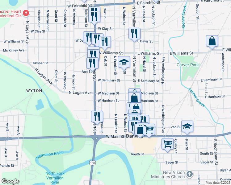 map of restaurants, bars, coffee shops, grocery stores, and more near 300-398 N Franklin St in Danville