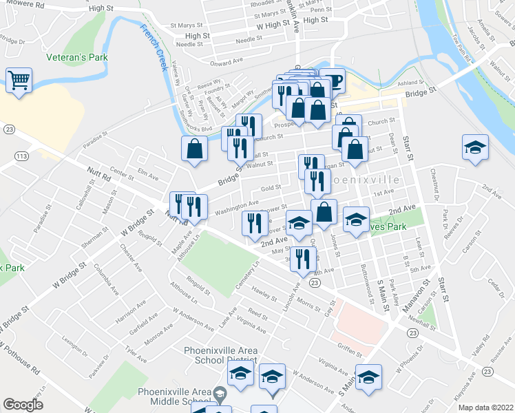map of restaurants, bars, coffee shops, grocery stores, and more near 380 Washington Avenue in Phoenixville