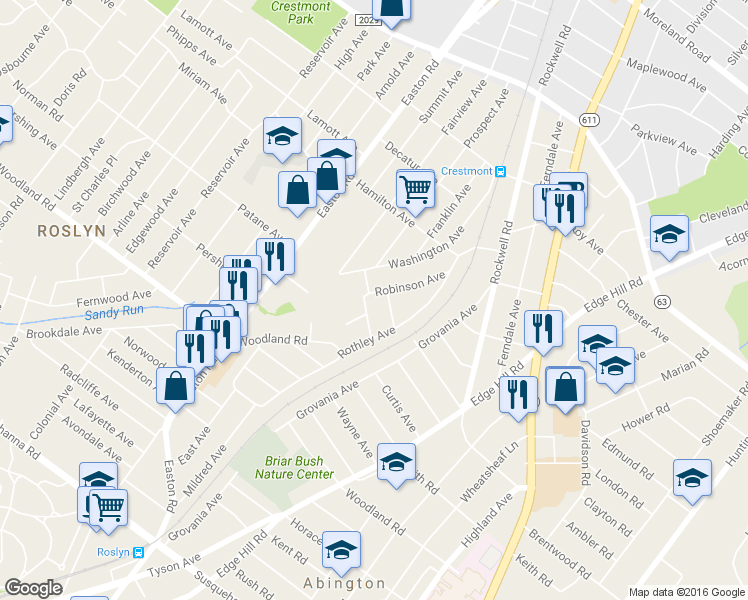 map of restaurants, bars, coffee shops, grocery stores, and more near 1507 Robinson Avenue in Willow Grove