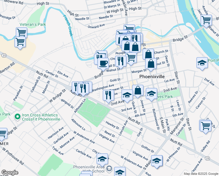 map of restaurants, bars, coffee shops, grocery stores, and more near 380 Washington Avenue in Phoenixville