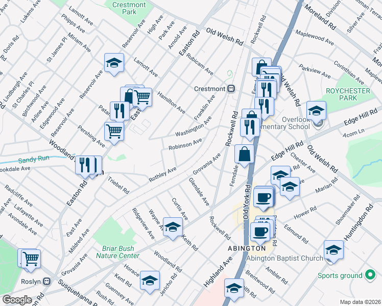 map of restaurants, bars, coffee shops, grocery stores, and more near 1550 Rothley Avenue in Willow Grove